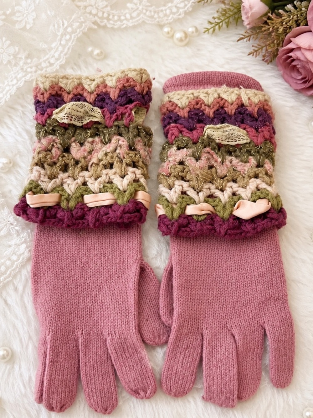 Betsey Johnson Pink Knit Gloves with Multicolor Crochet Cuffs